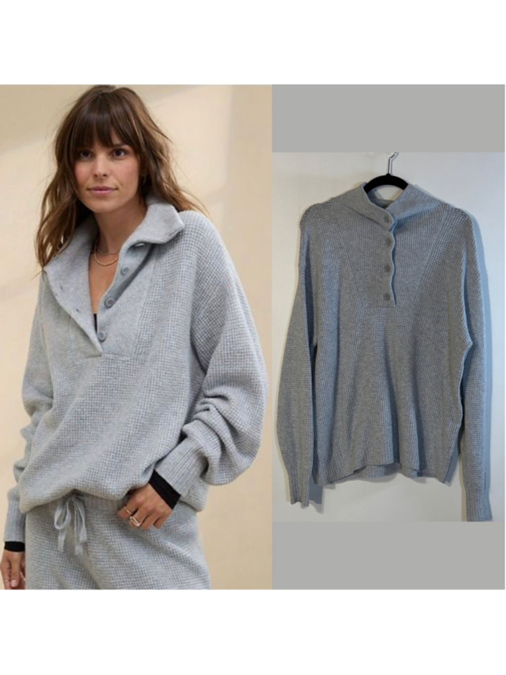 Aerie CozyUp Waffle Button Sweater Gray Mock Neck Henley Oversized Size Large